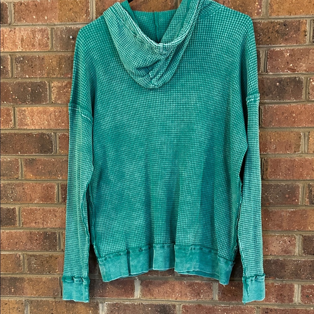 Zenana Outfitters Teal Short Sleeve Waffle Knit Henley Hoodie - Picture 6 of 6